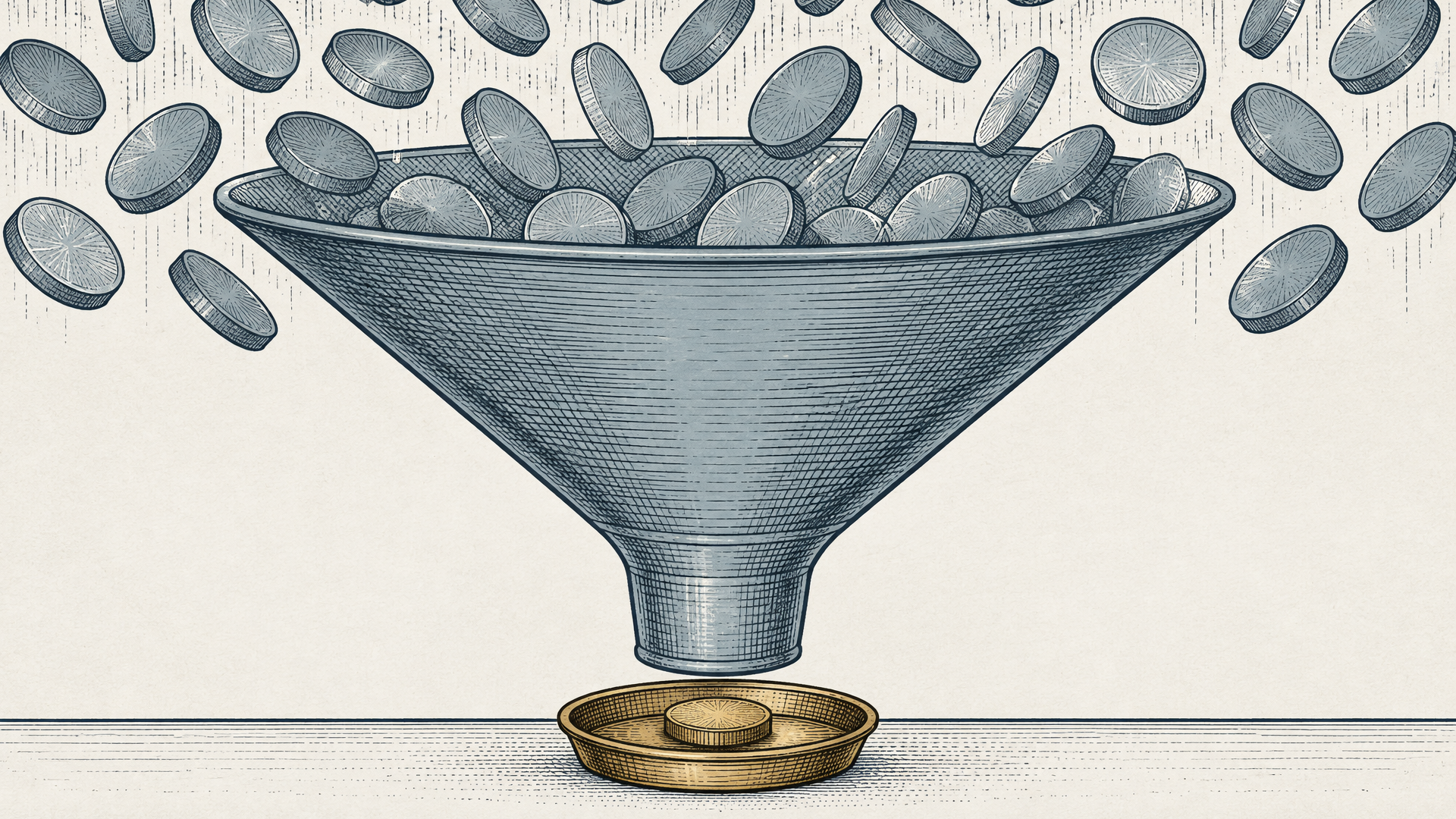 Engraved editorial illustration of many slate coins entering a wide funnel while one brass coin reaches a shallow dish below, representing the gap between insurer payments and member benefits.