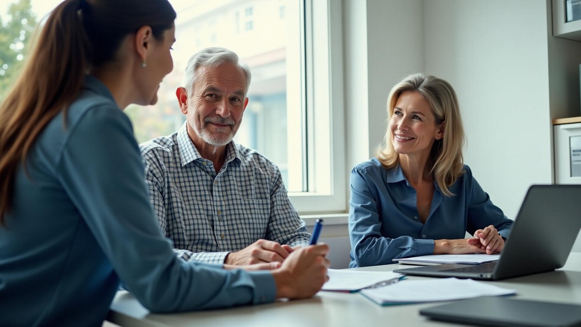 Senior couple meeting with Medicare advisor at enrollment desk during open enrollment period