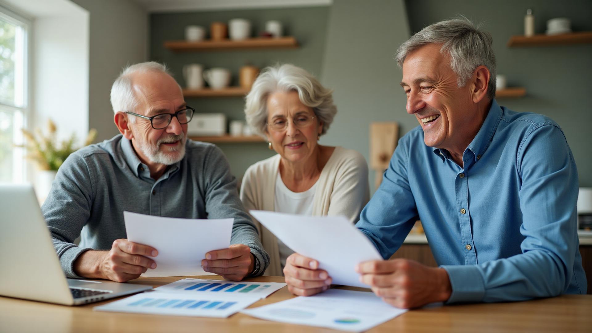 Retired couple reviewing financial documents with advisor at kitchen table