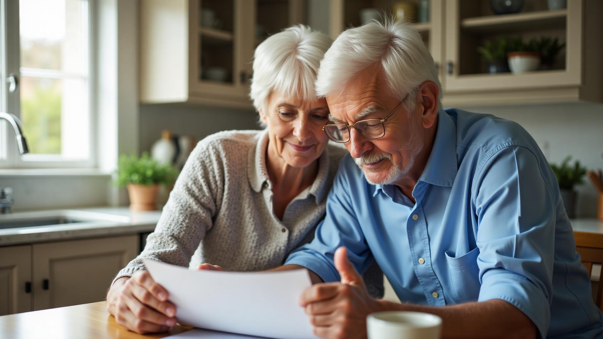 Senior couple reviewing Medicare paperwork at kitchen table with coffee