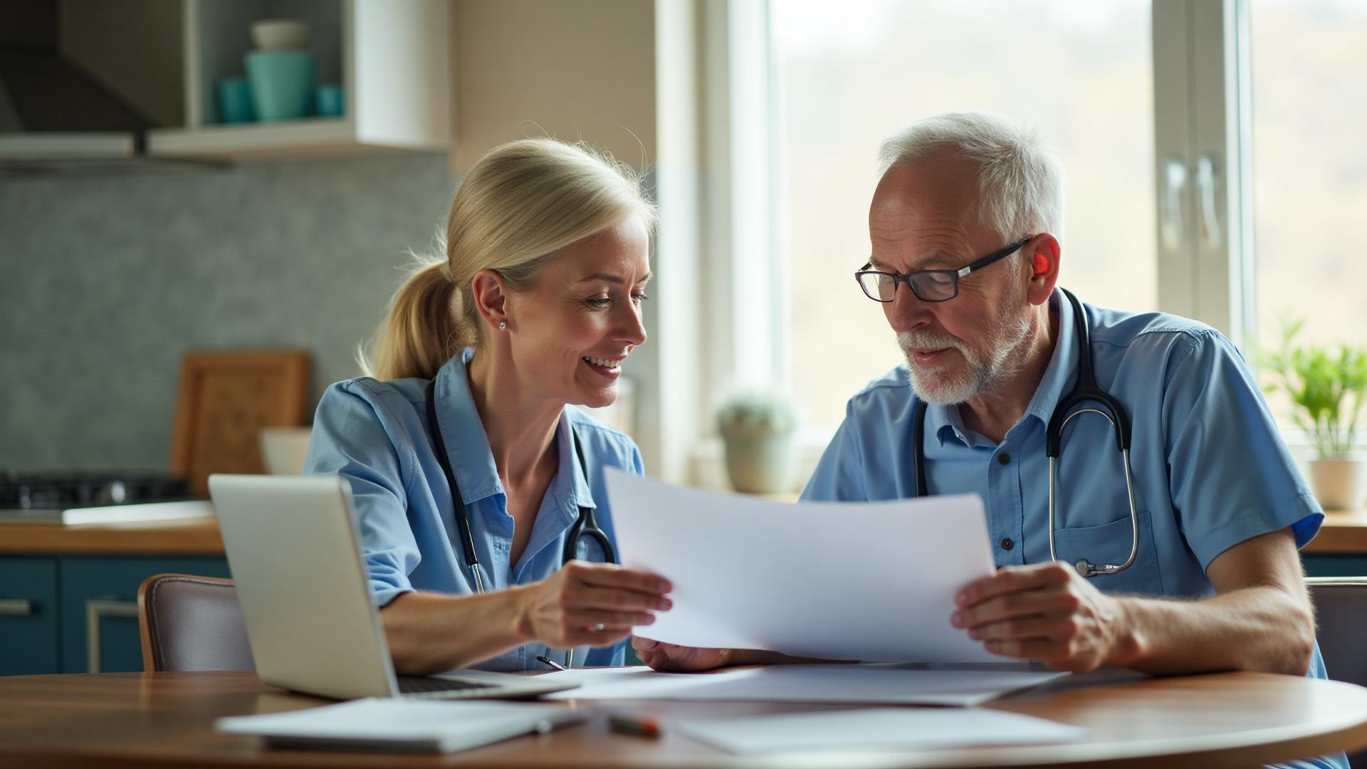 Older couple reviewing 2026 Medicare plan updates at kitchen table with laptop