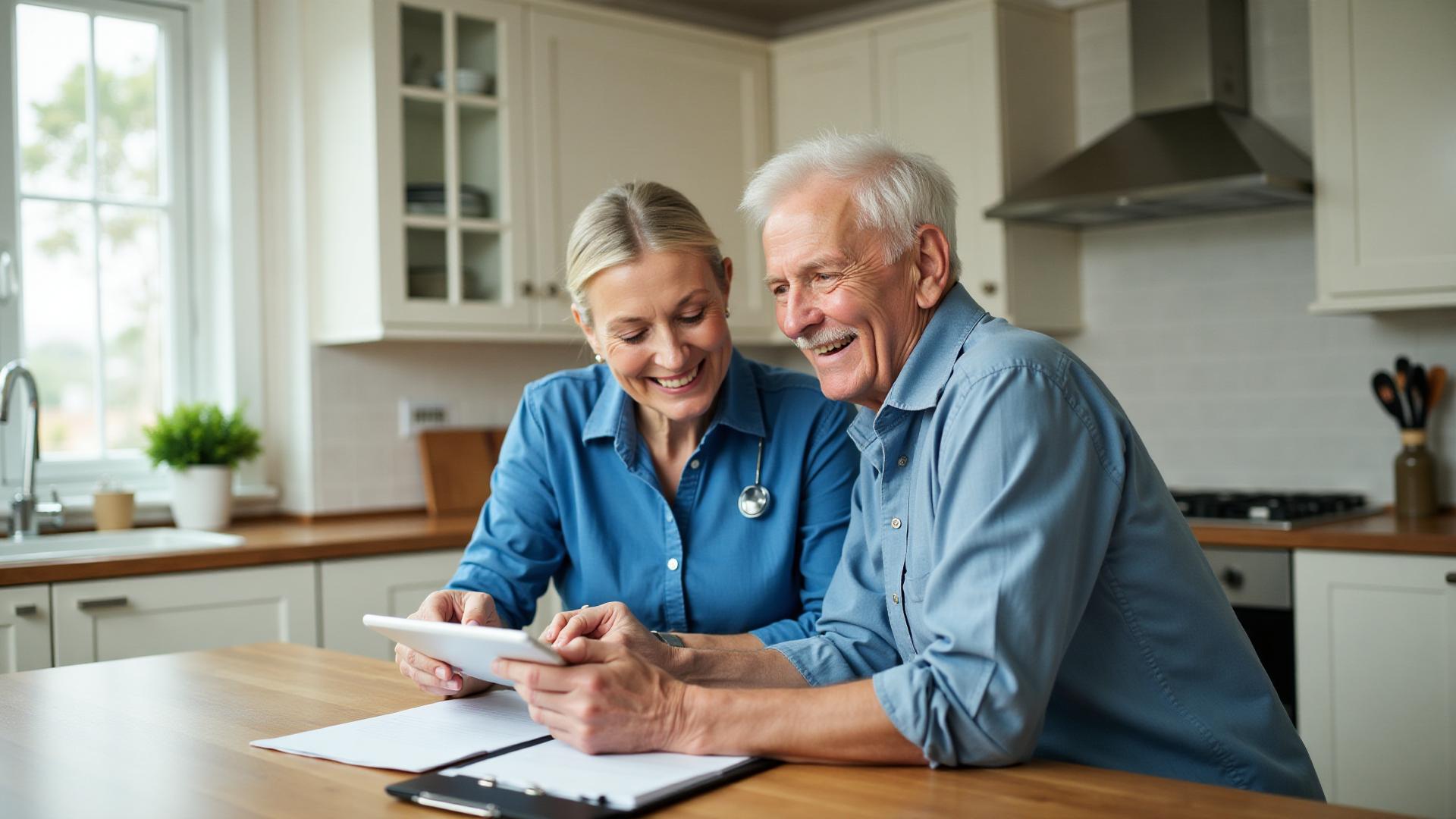 Senior couple reviewing Medicare paperwork on a tablet at a kitchen table with warm daylight