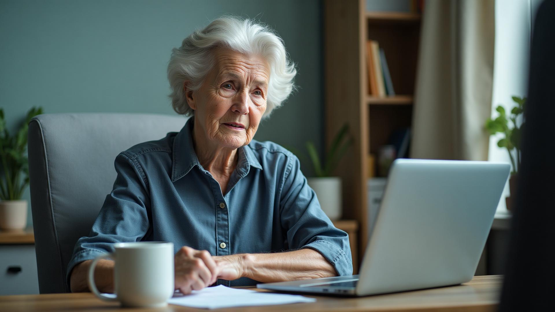 Older woman at home office desk on video call with healthcare provider, looking engaged with laptop, papers and coffee mug nearby in soft natural light
