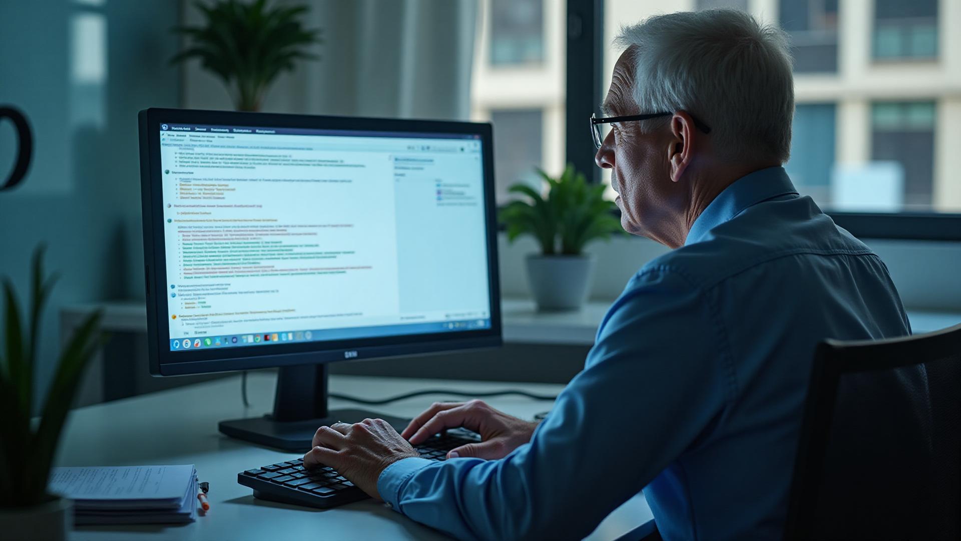 Senior reviewing Medicare portal with errors during open enrollment