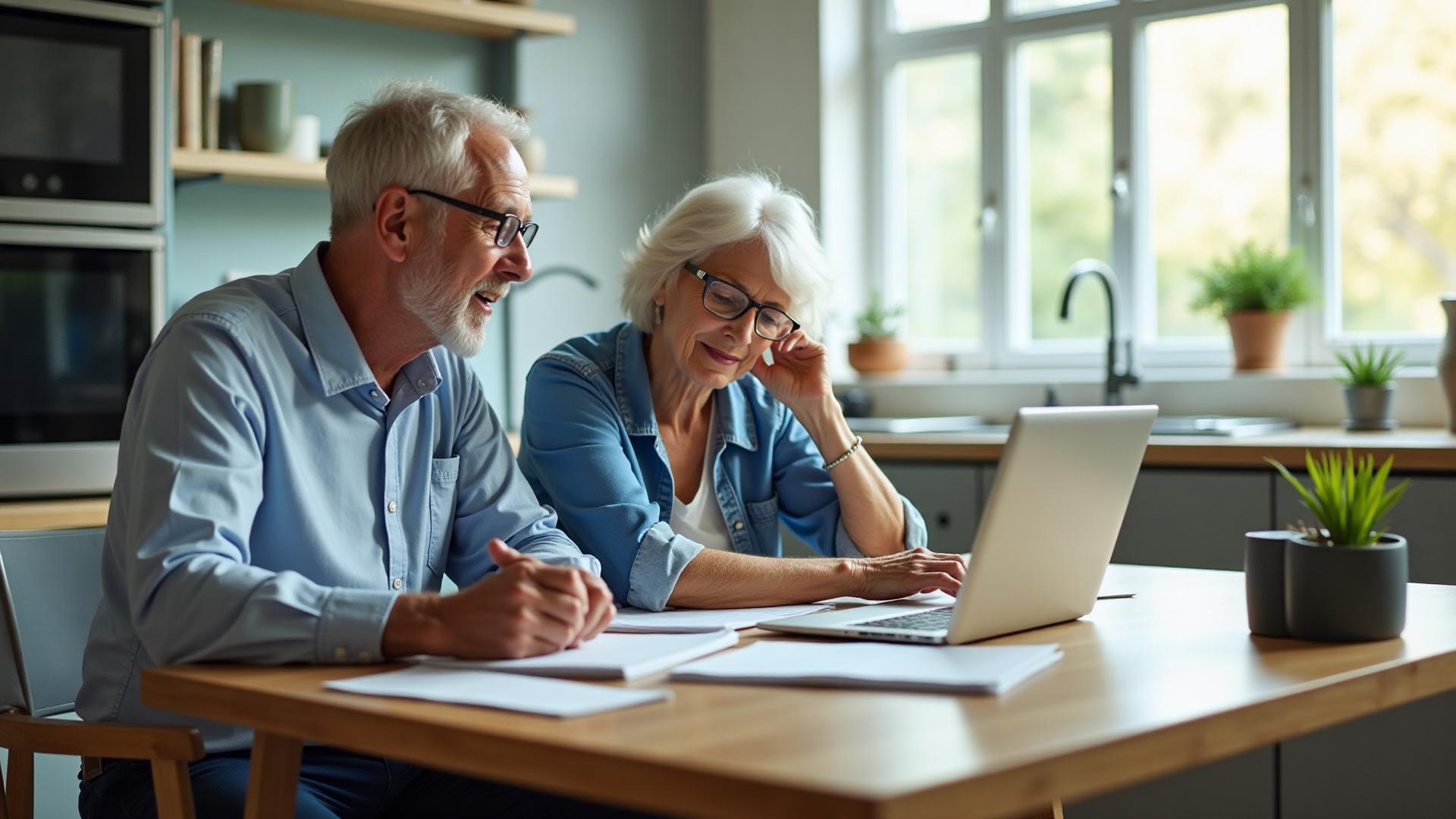 Senior couple reviewing Medicare options on laptop at kitchen table