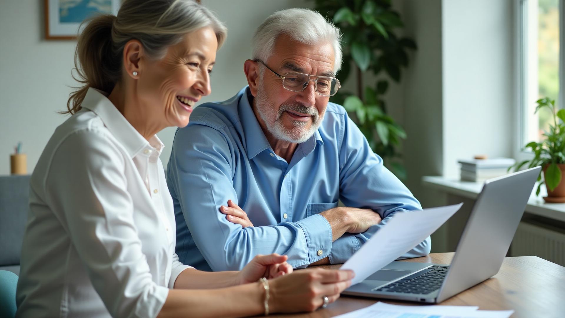Senior couple reviewing Medicare Advantage plan documents and comparing 2026 options on laptop