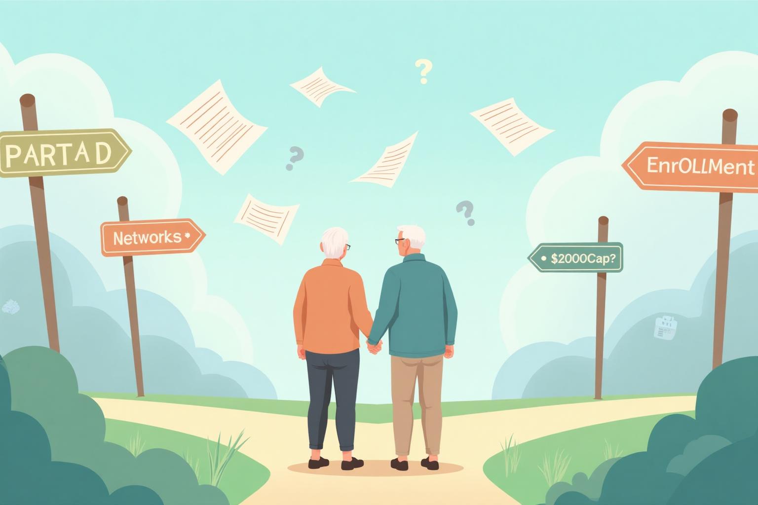 An animated illustration of a senior couple at a crossroads surrounded by floating Medicare forms and directional signs for Part D, IRMAA, Networks, Enrollment, and $2000 Cap