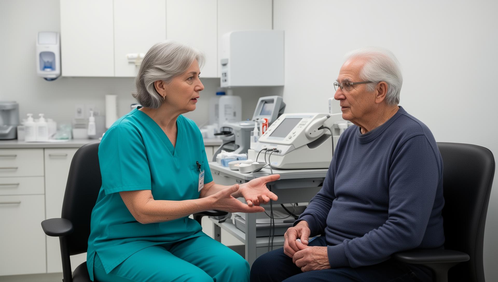 Older adult speaking with a lab technician at a blood draw station in a medical lab