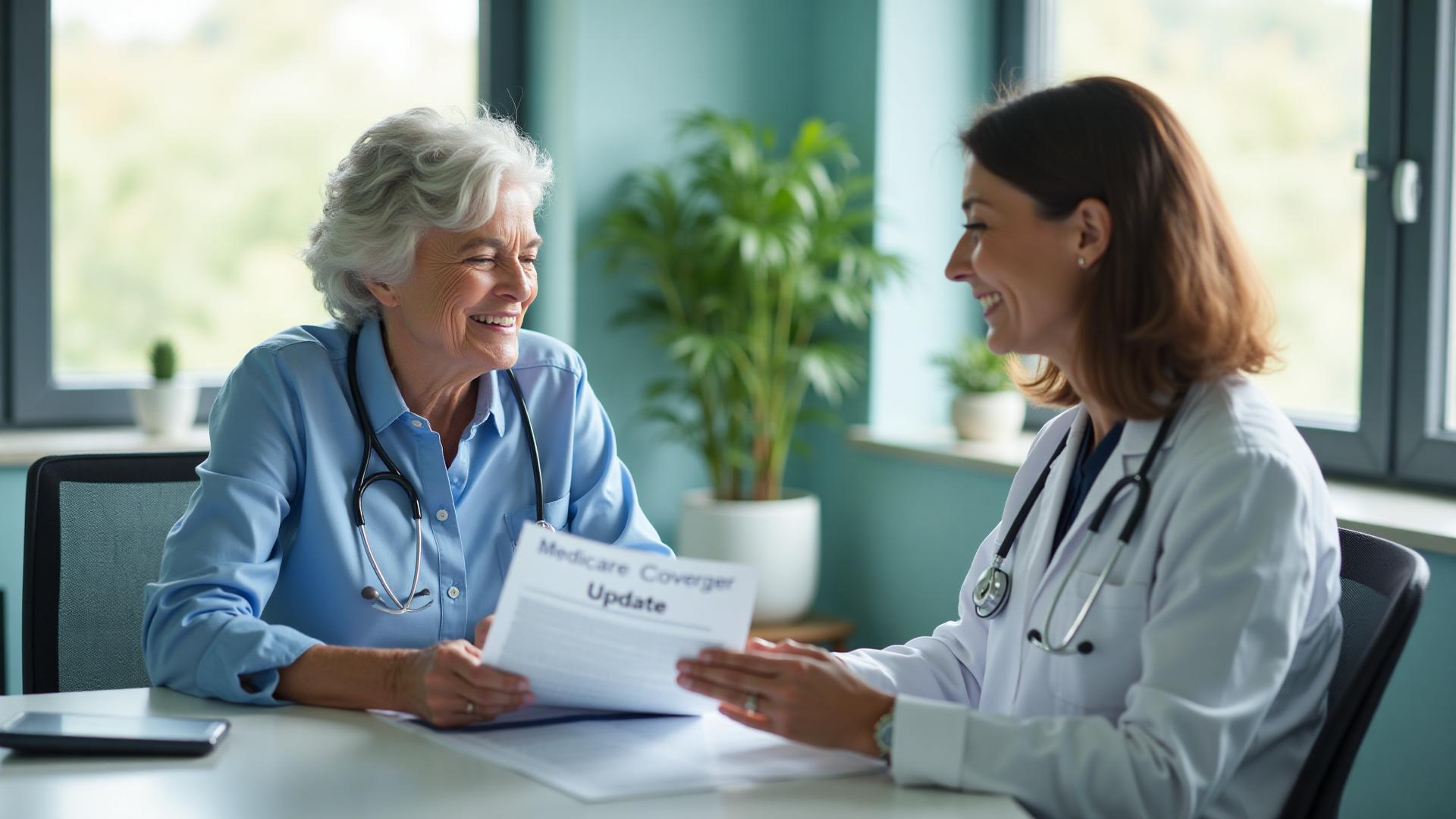 Senior woman discussing Medicare coverage updates with her doctor in a bright medical office
