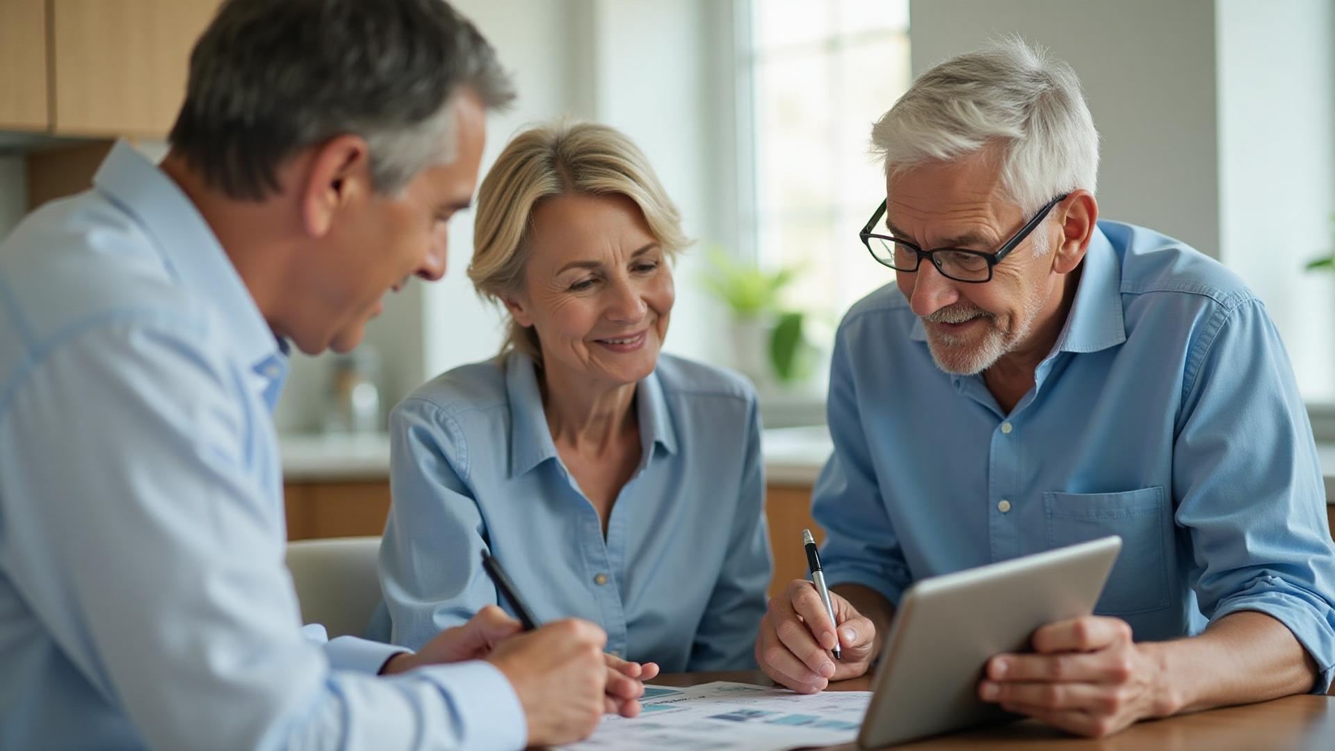 Senior couple reviewing medications and Medicare documents at kitchen table