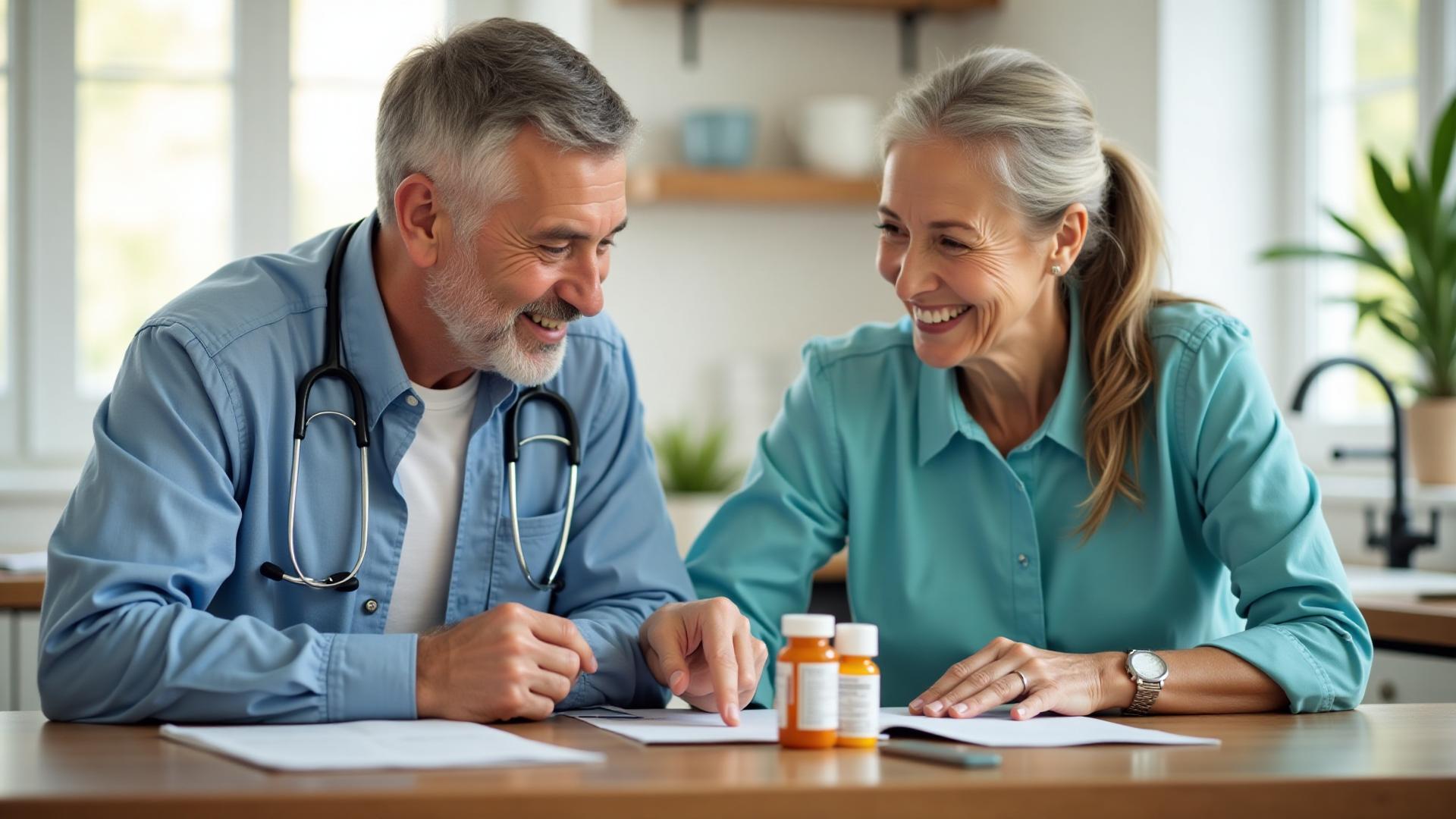 Smiling senior couple reviewing medication bottles and paperwork at kitchen table