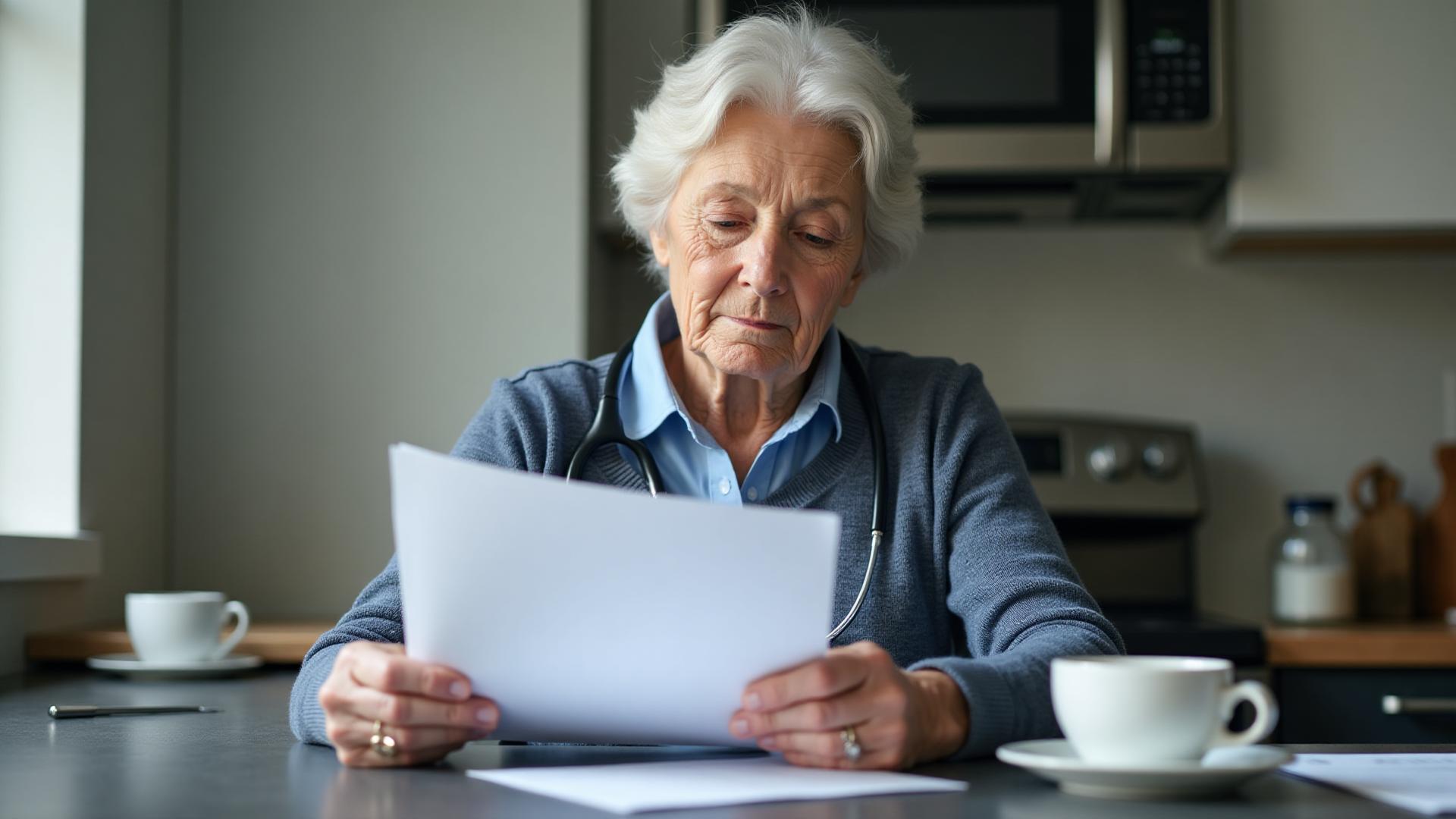 Calm senior woman reviewing medical papers at her kitchen table with morning coffee