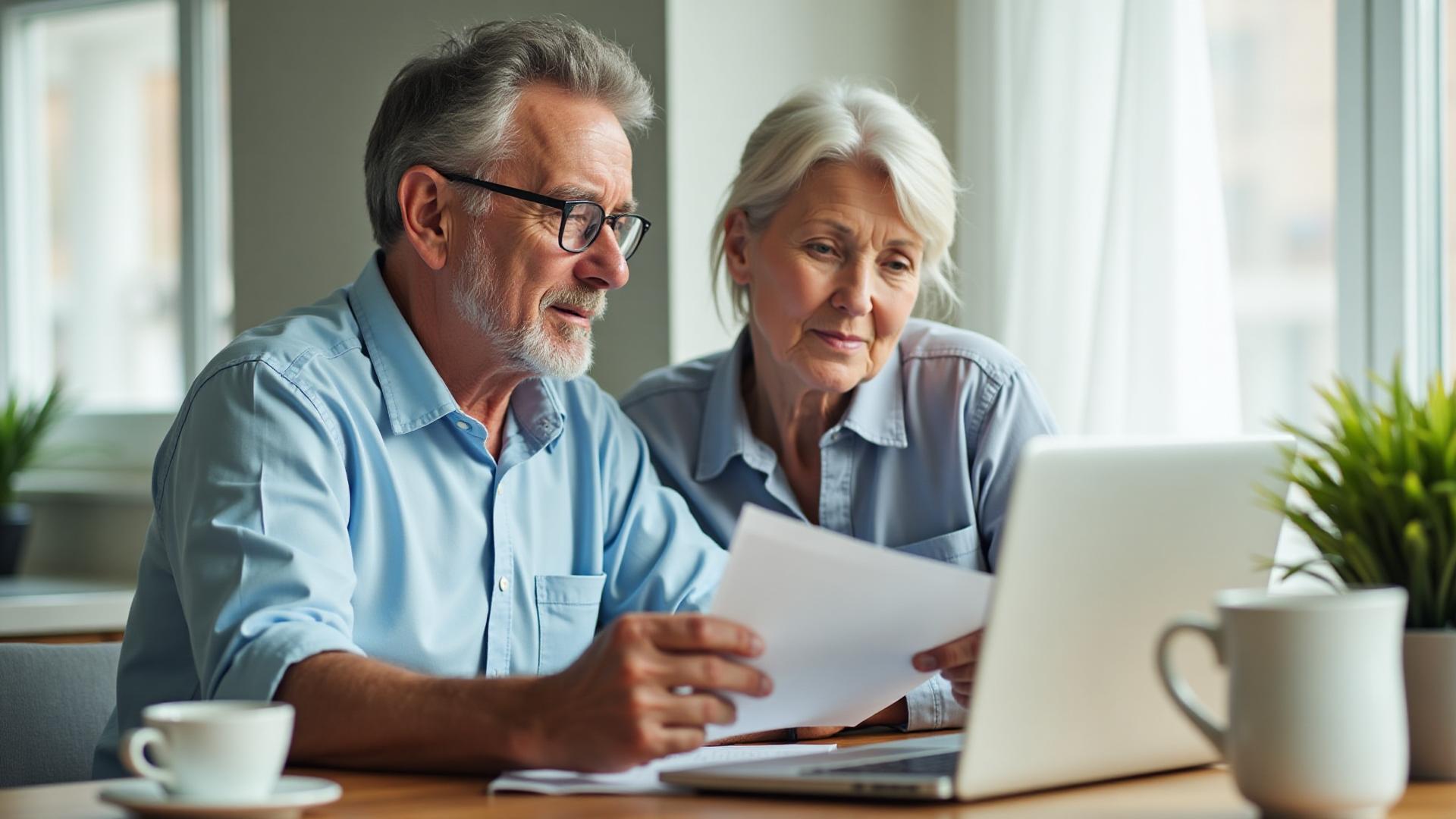 Senior couple reviewing Medicare paperwork and provider directory on laptop
