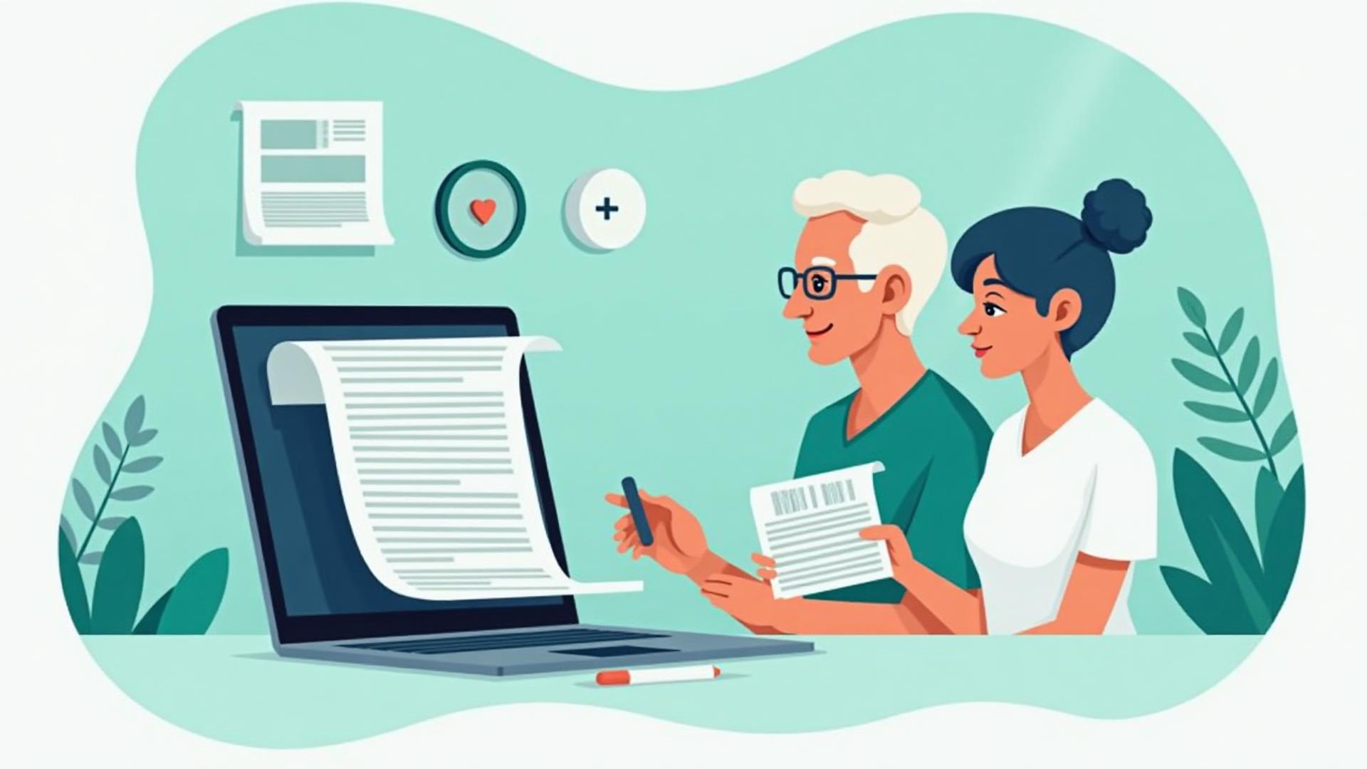 Older couple reviewing Medicare paperwork together with laptop