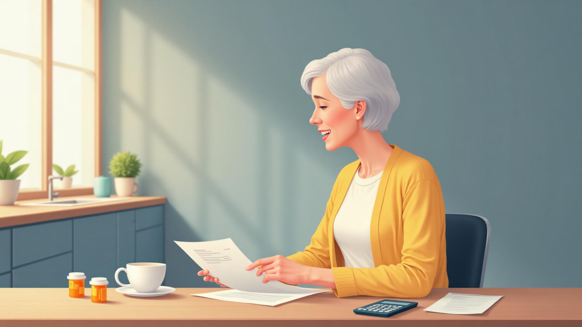 Illustrated senior woman at modern kitchen table reviewing Medicare Part D documents with prescription bottles and calculator