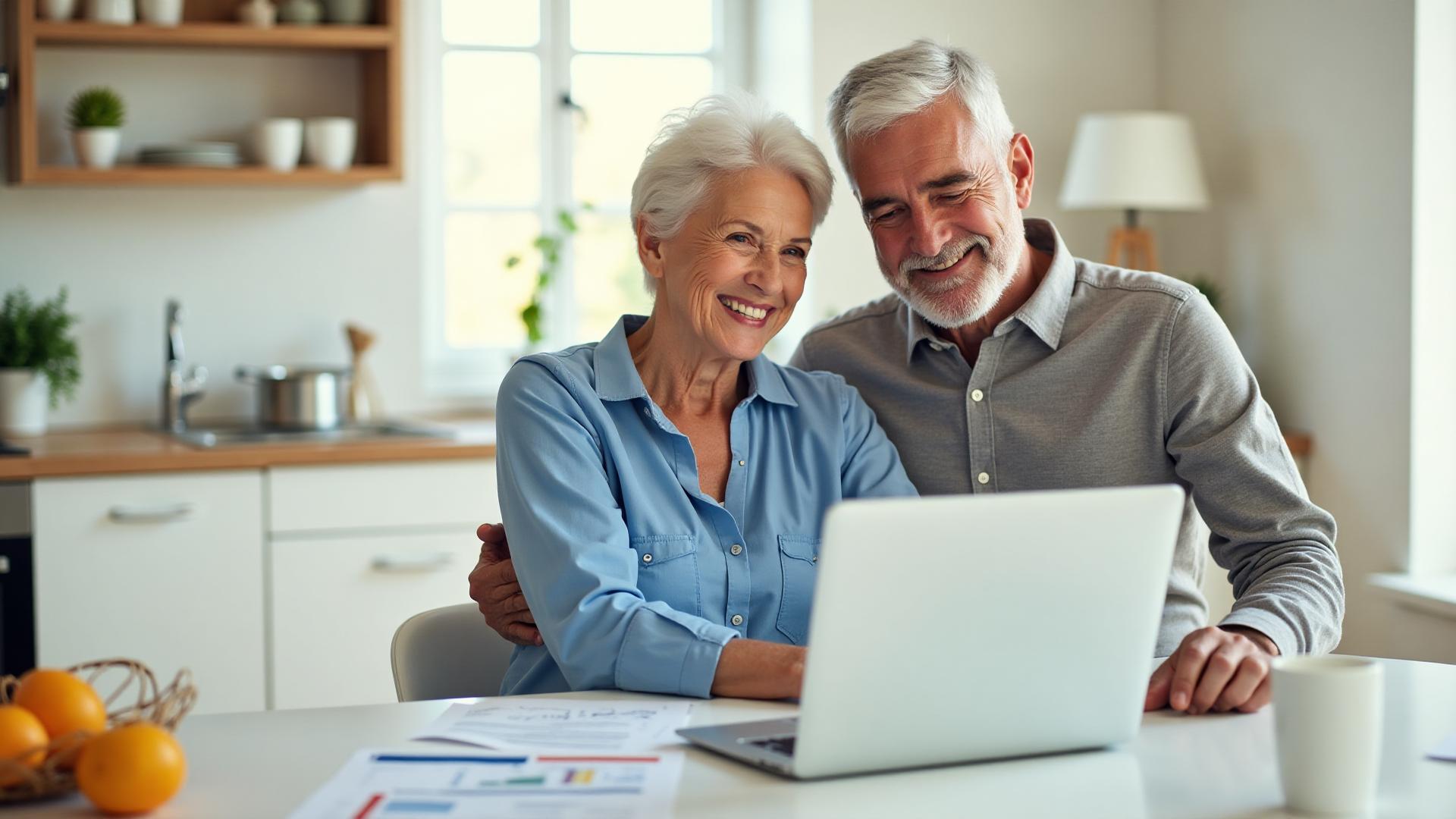Happy couple in their early 60s reviewing retirement plans at kitchen table with laptop