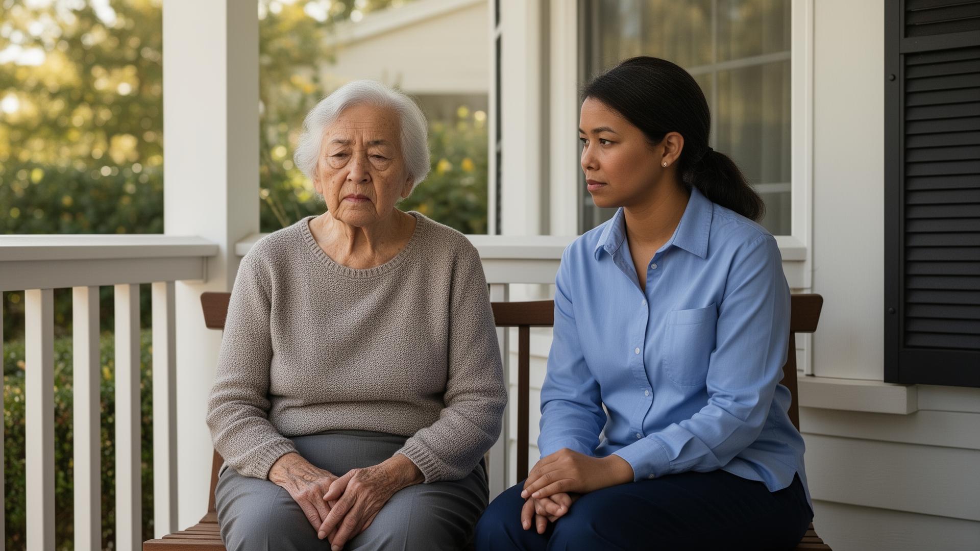 Adult child caregiver sitting beside elderly parent on a quiet home porch, calm but tired posture