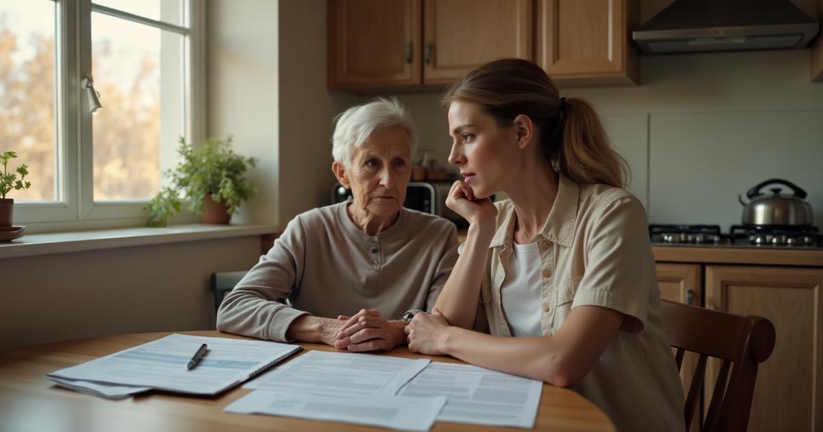 Middle-aged daughter supporting elderly mother at kitchen table with Medicare paperwork