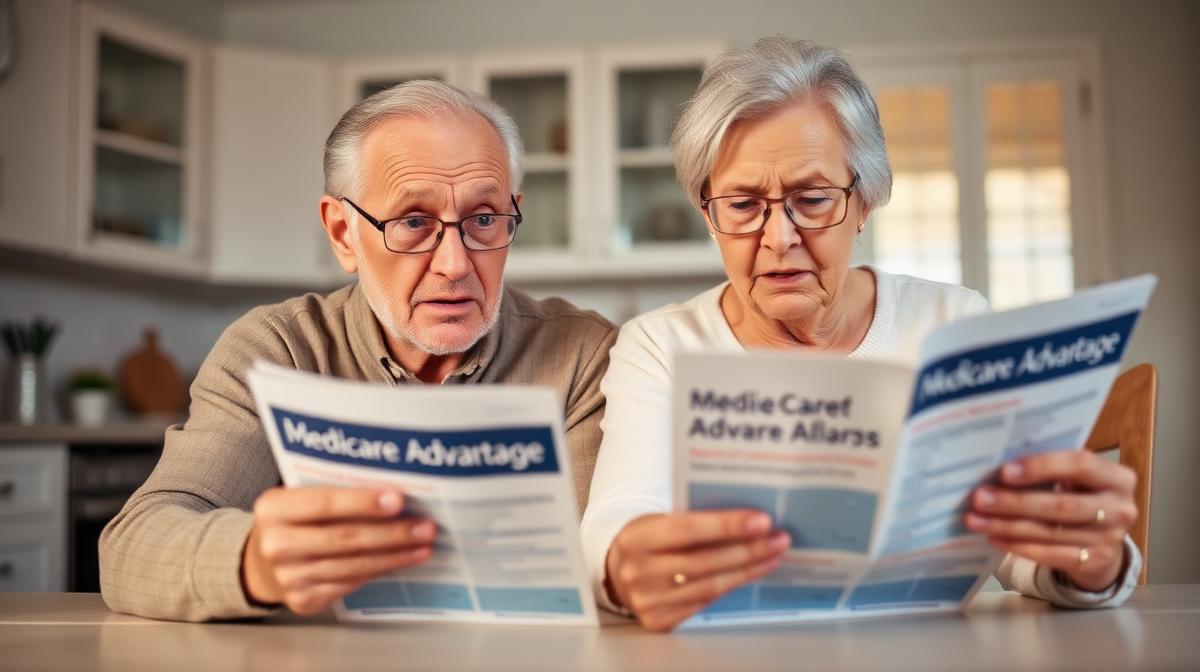 Senior couple reviewing Medicare Advantage plan brochures at kitchen table with concerned expressions