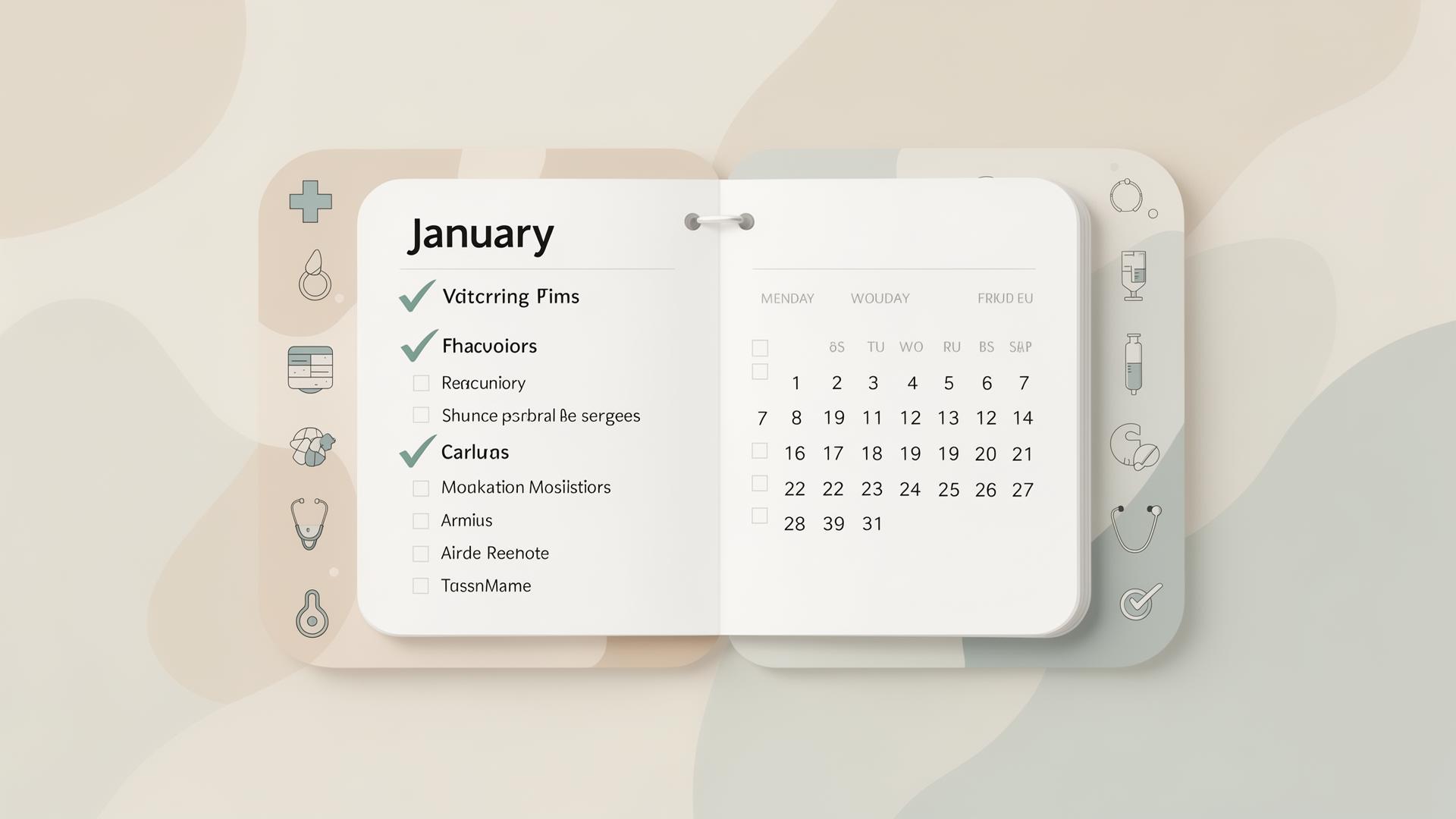 Calendar opening to January with medical icons and checkmarks, representing Medicare new year planning