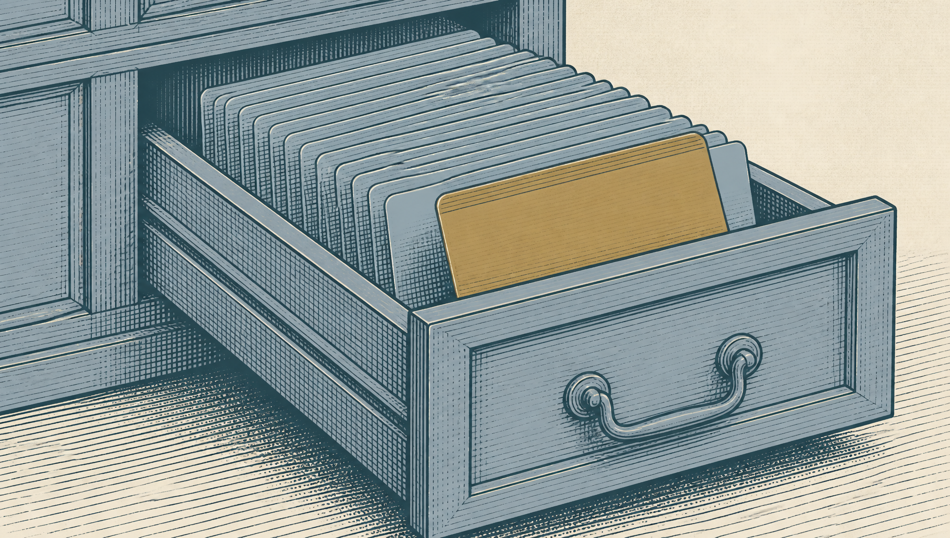 Flat engraved-plate illustration of a card-catalog drawer with a row of upright slate cards and one brass card lifted partway out of the row