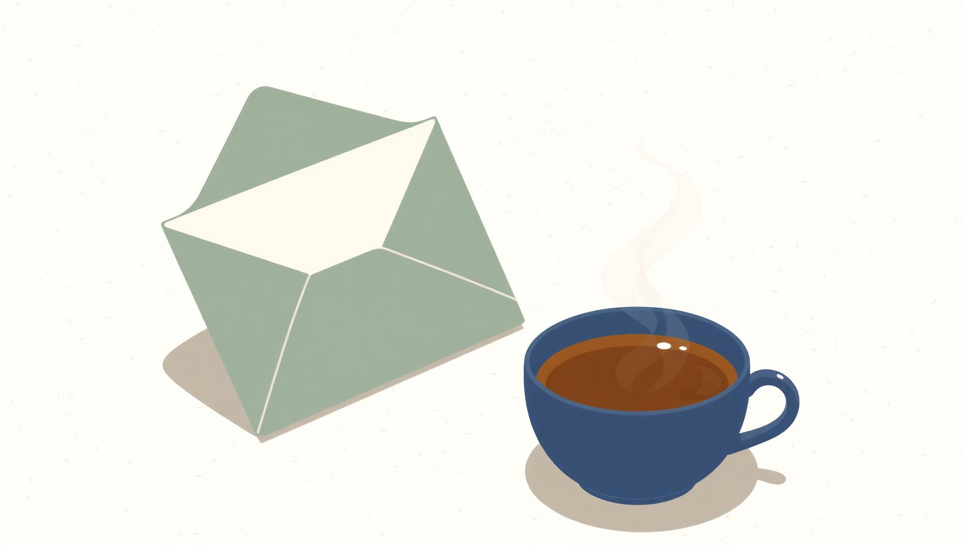 Editorial flat illustration in muted sage and dusty navy of a calmly opened envelope beside a cup of tea — a quiet visual cue for sitting down with an IRMAA appeal letter from Social Security in 2026