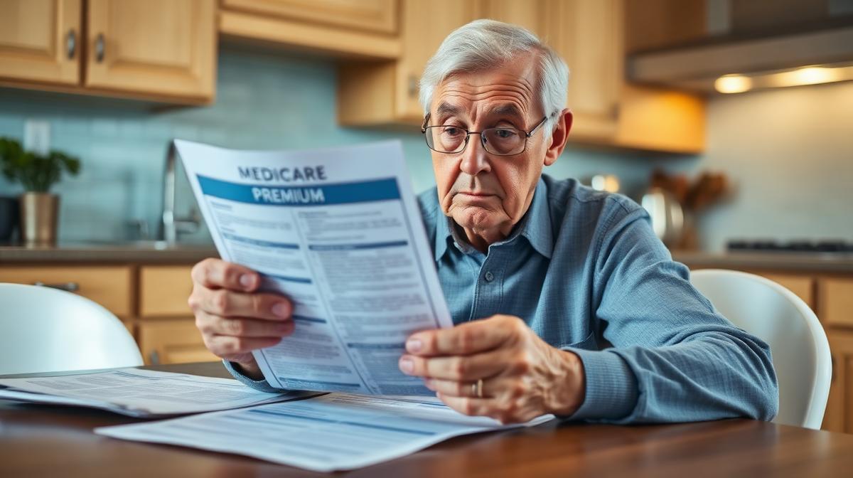 Senior reading Medicare premium notice with concerned expression