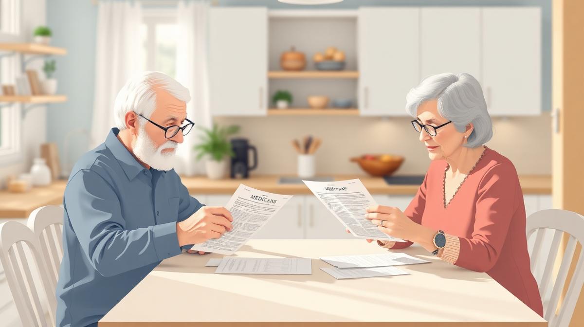 Older adults reviewing Medicare documents at kitchen table with warm daylight