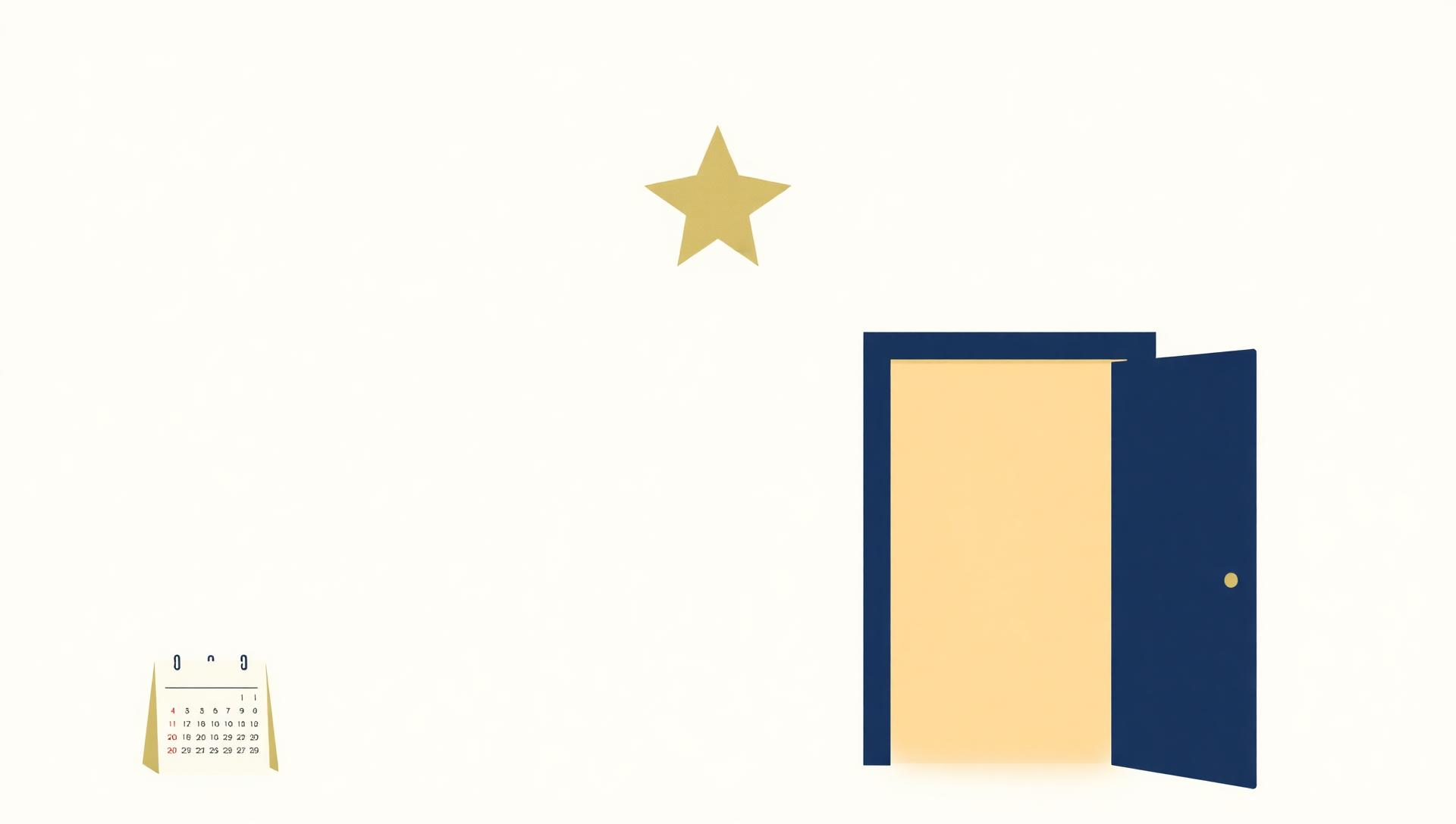 Editorial flat illustration of a muted gold five-pointed star above a partially open navy door with warm light inside, beside a small calendar — a metaphor for the year-round Medicare 5-Star Special Enrollment Period in summer 2026