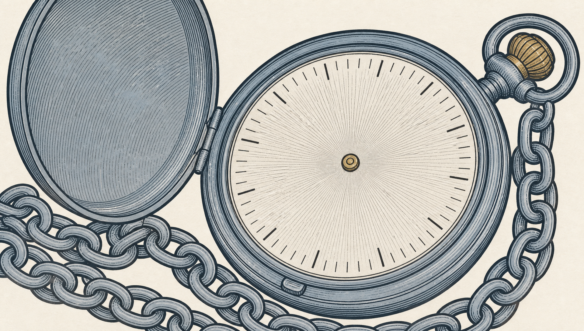 Flat engraved-plate illustration of an open pocket watch with no hands, a bare dial of tick marks, a brass crown and center spindle, and its chain coiling into the lower-left corner