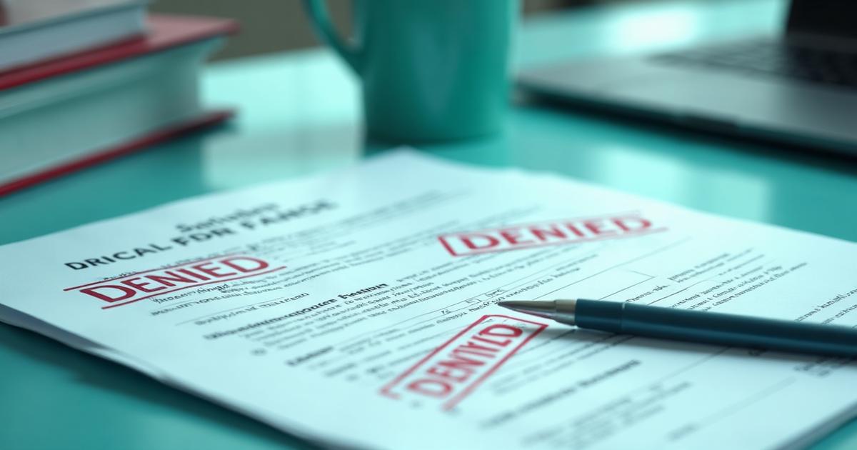 Government regulatory documents with denied stamps on desk with medical forms and folders