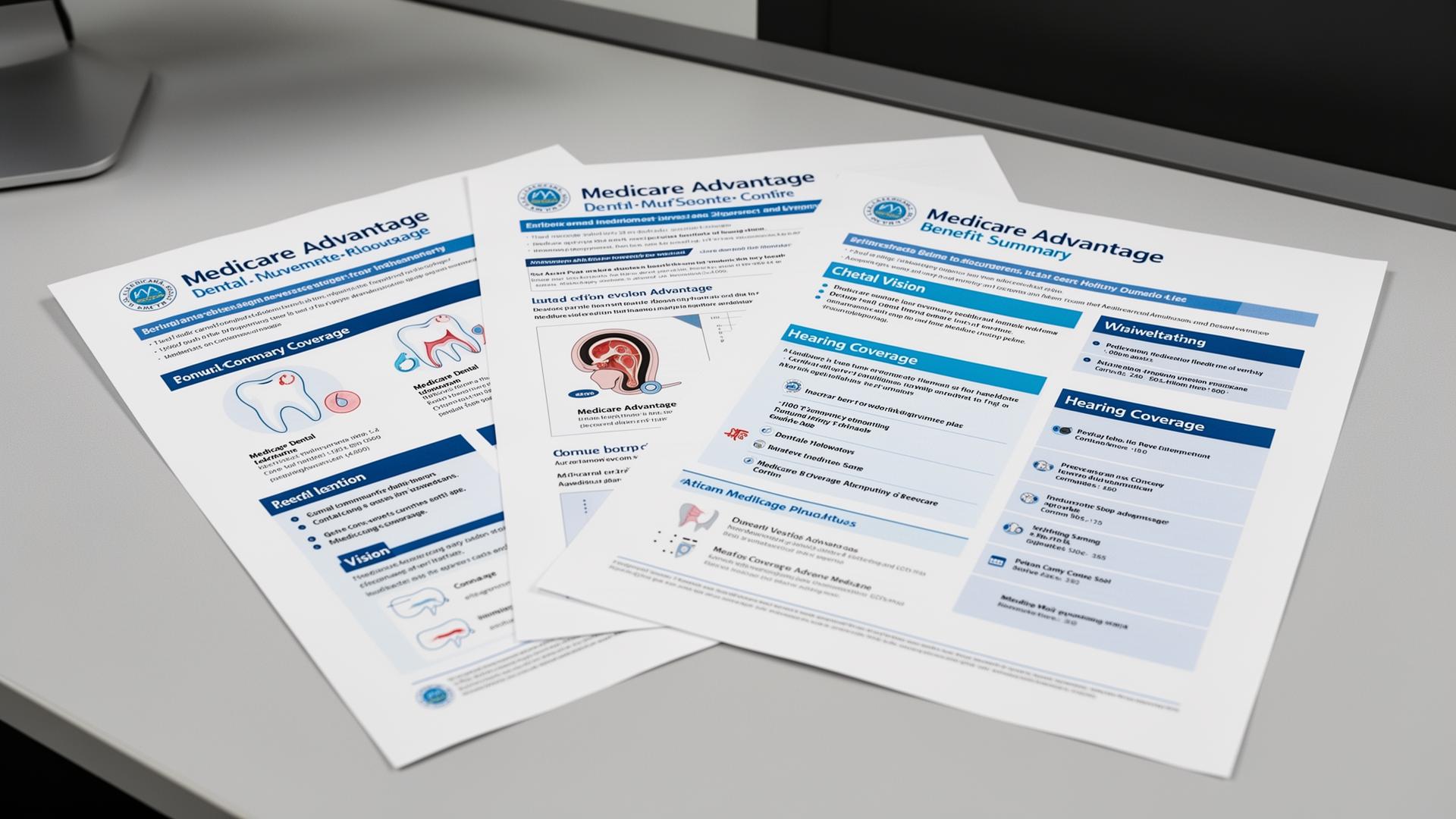 Medicare Advantage plan documents with dental, vision, and hearing benefit summaries