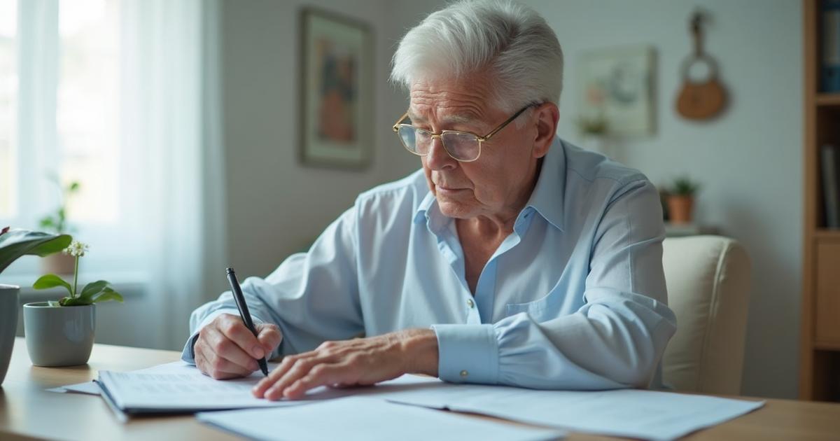 Senior reviewing Medicare Advantage plan documents at kitchen table
