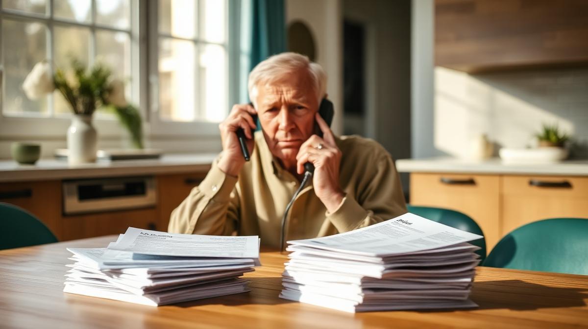 Senior person on phone looking concerned at home reviewing Medicare documents