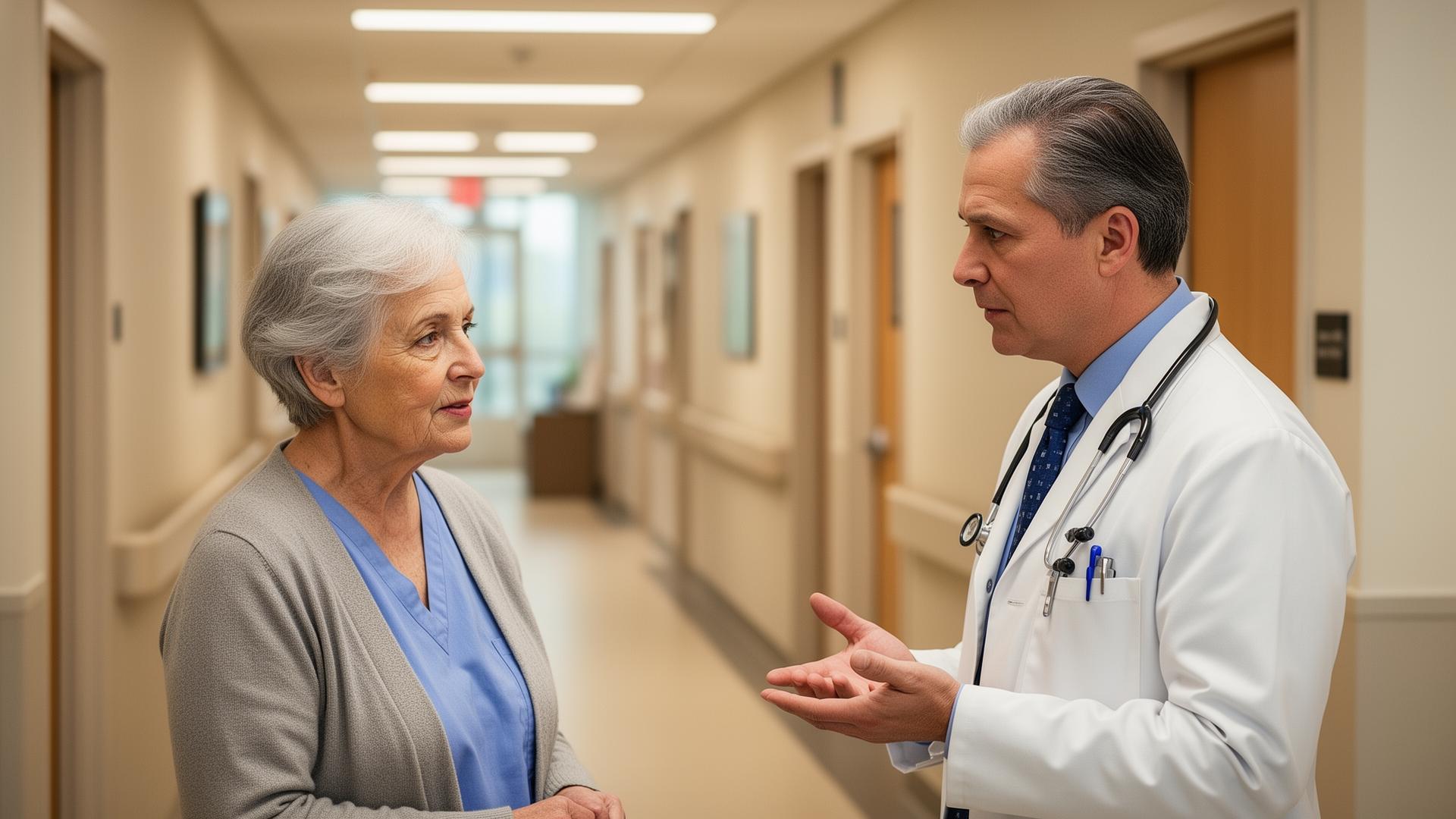 Older adult speaking with a doctor in a modern clinic hallway