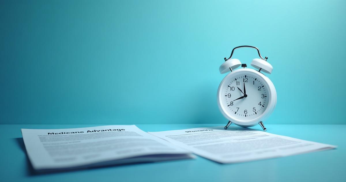 Desk with Medicare documents and clock overlay showing prior authorization delays