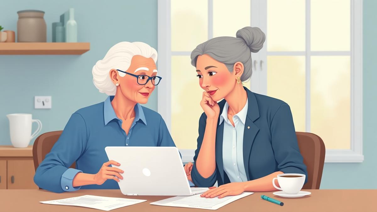 Older adult reviewing Medicare plan options with family member before enrollment deadline, papers and laptop on table, soft blue background for clarity and calm