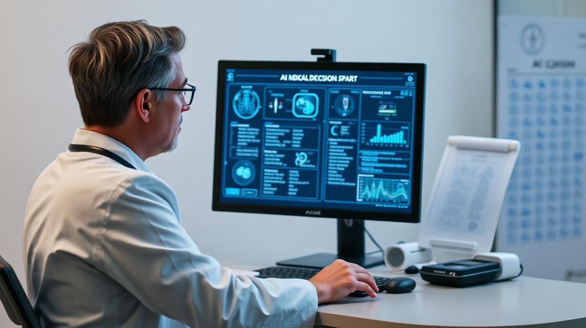 Healthcare professional reviewing AI medical decision support system on computer screen