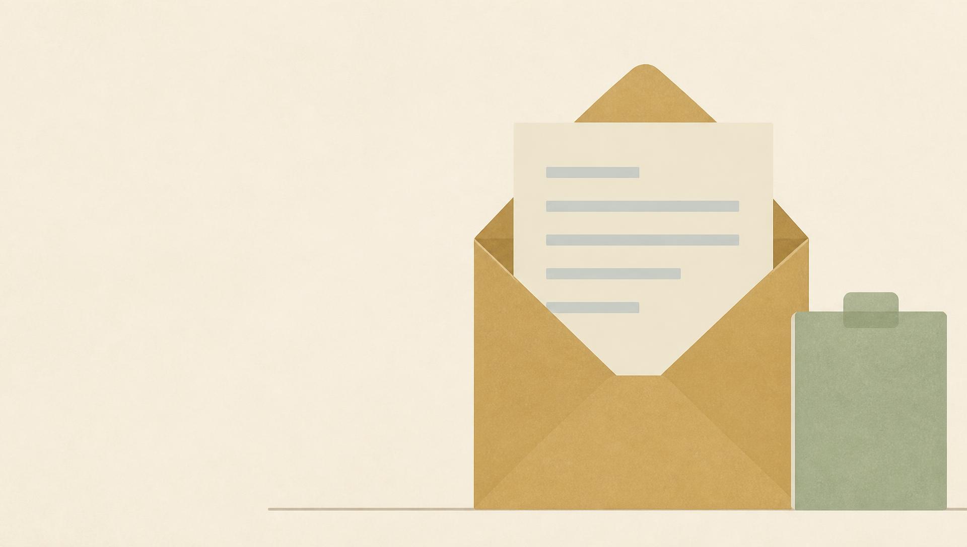 Editorial flat illustration of an opened dusty gold envelope with a pale cream document emerging, abstract blue-gray text lines, and a small sage green calendar page beside it on a warm cream background