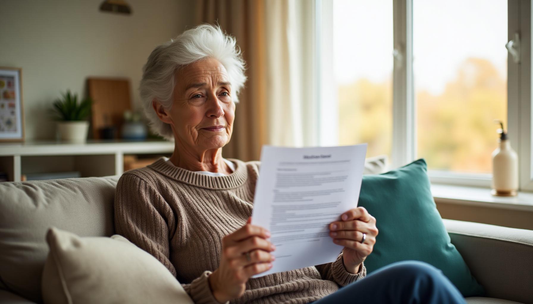 Older adult calmly reviewing a Medicare letter at home with a thoughtful expression