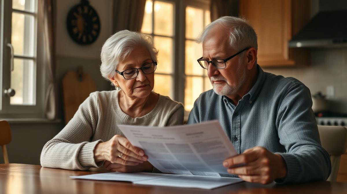 Older couple sitting together at kitchen table with Medicare paperwork, one spouse gently assisting the other