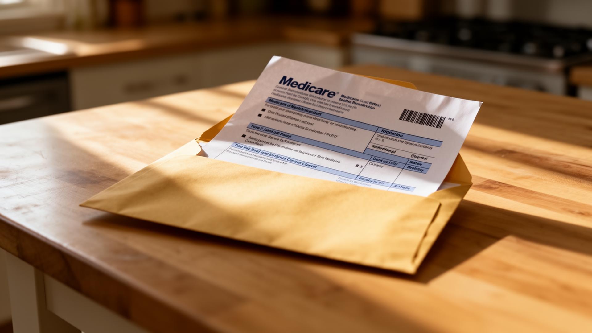 Opened envelope on a kitchen table with a Medicare bill partially visible in soft natural lighting