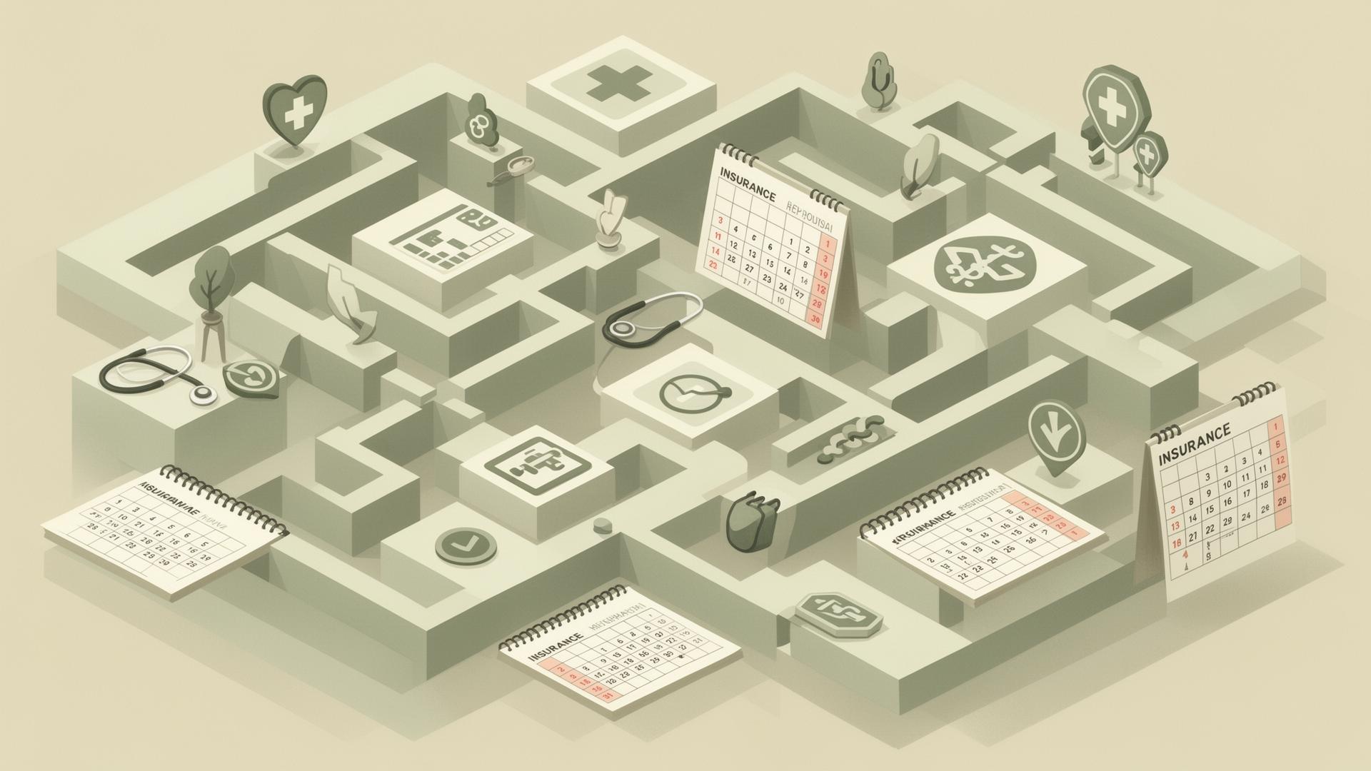 Abstract layered maze made of medical icons, calendars, and insurance symbols representing Medicare complexity