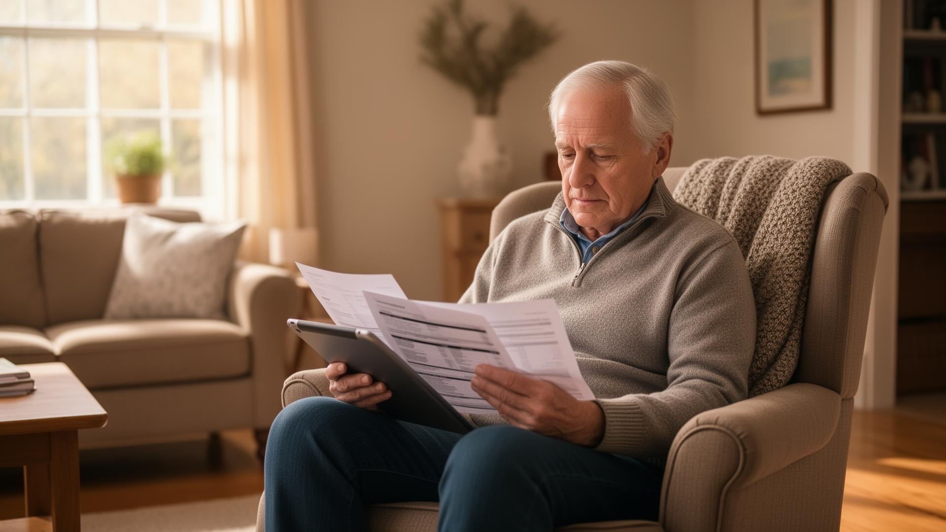 Older adult reviewing finances on a tablet in a cozy living room