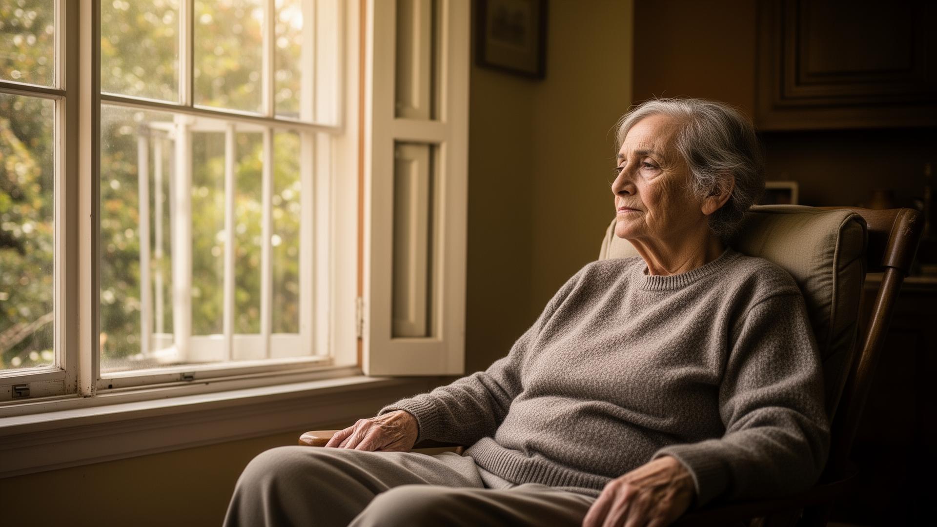 Older adult sitting by a window in a quiet home, looking out thoughtfully