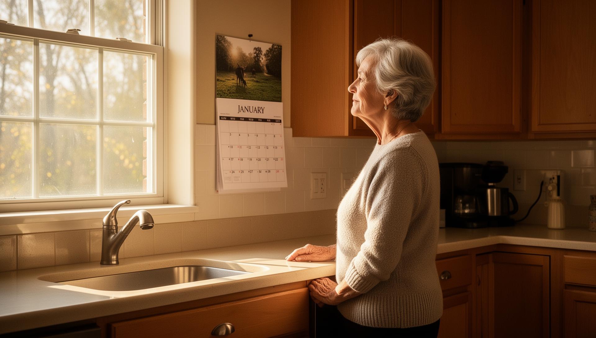 Senior woman standing at kitchen counter looking at a wall calendar in January morning light