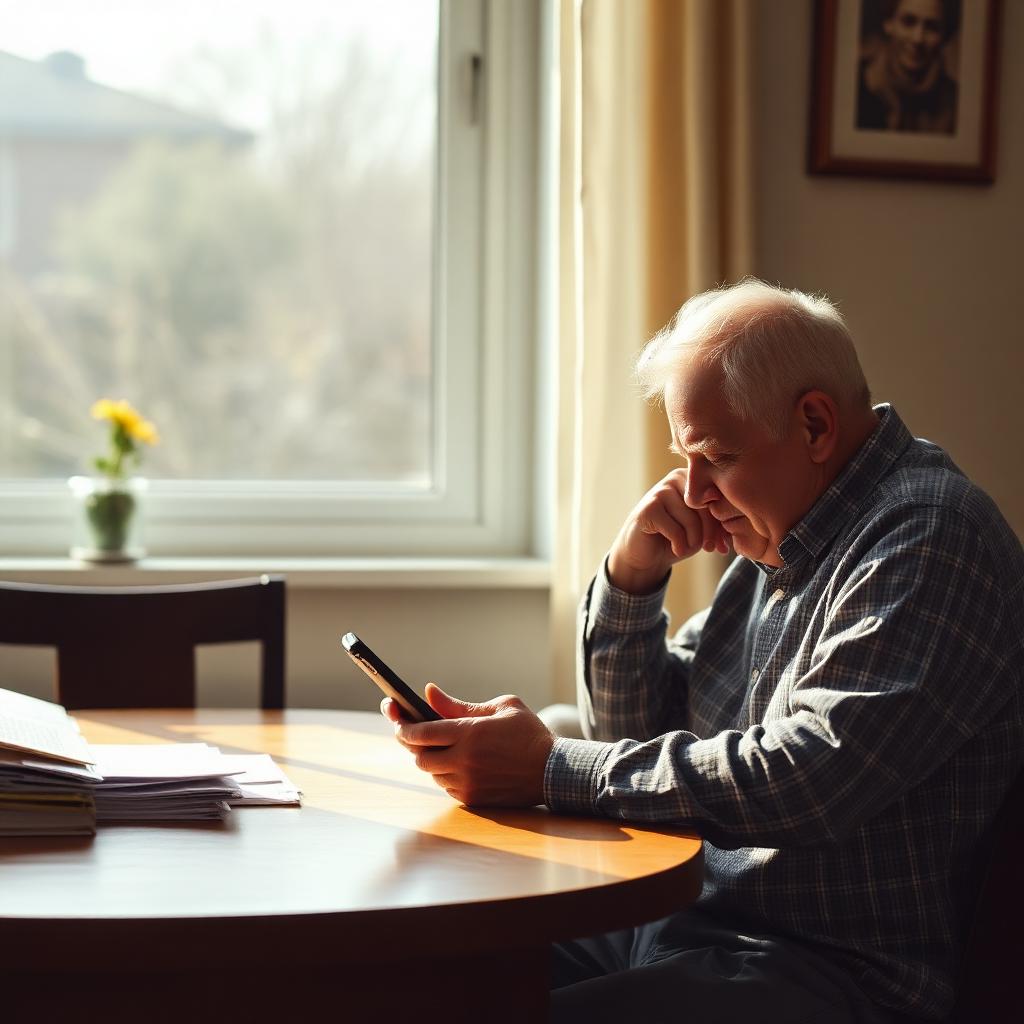 Senior man sitting at a dining table near a window, looking at his phone thoughtfully in soft natural light