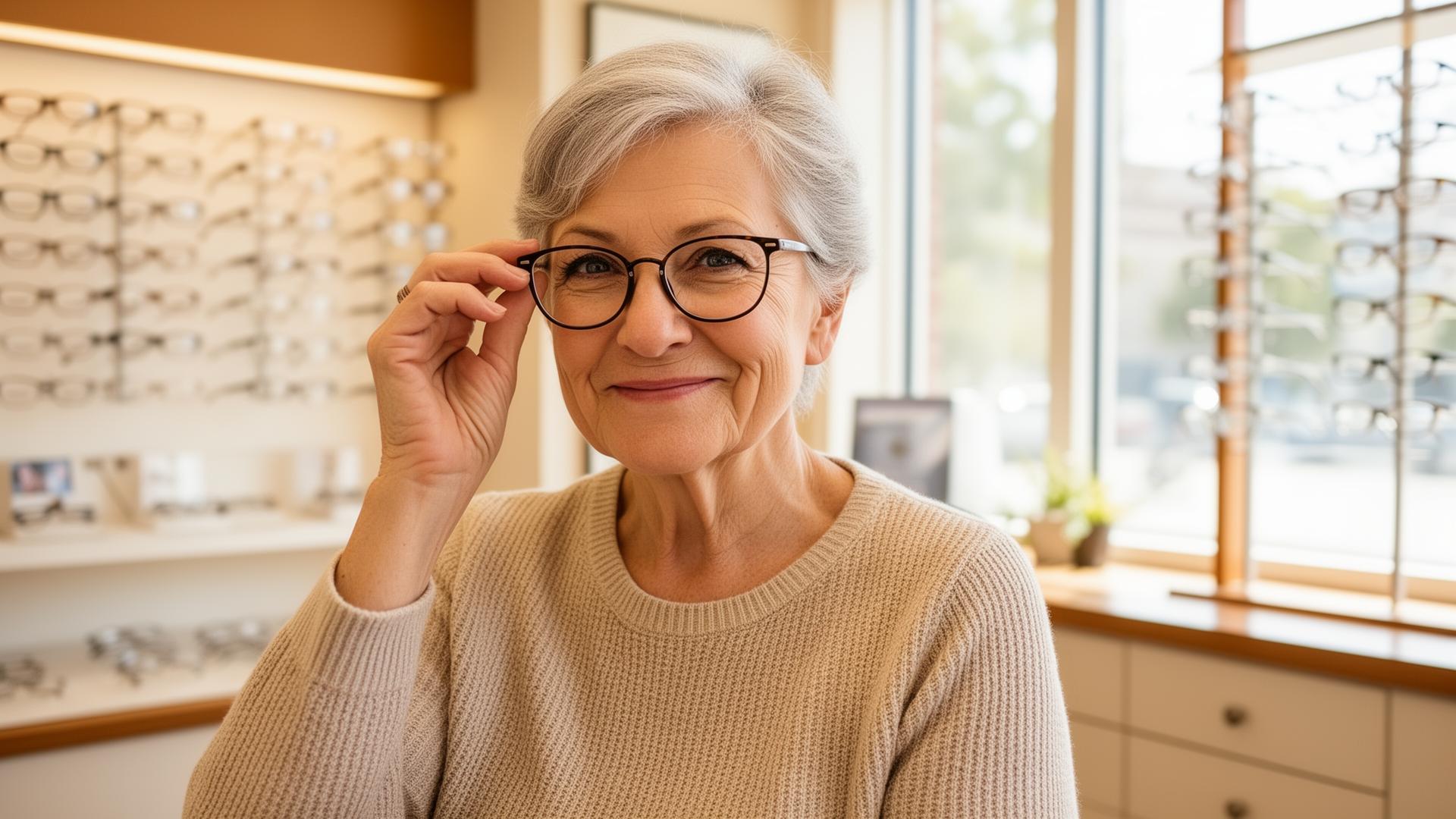 Older woman sitting in a bright optometrist office trying on eyeglasses while smiling slightly