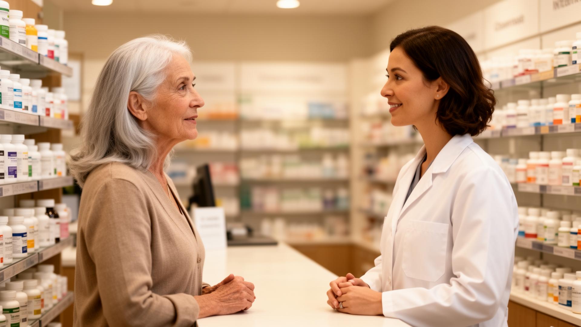 Older adult speaking calmly with a pharmacist at a pharmacy counter