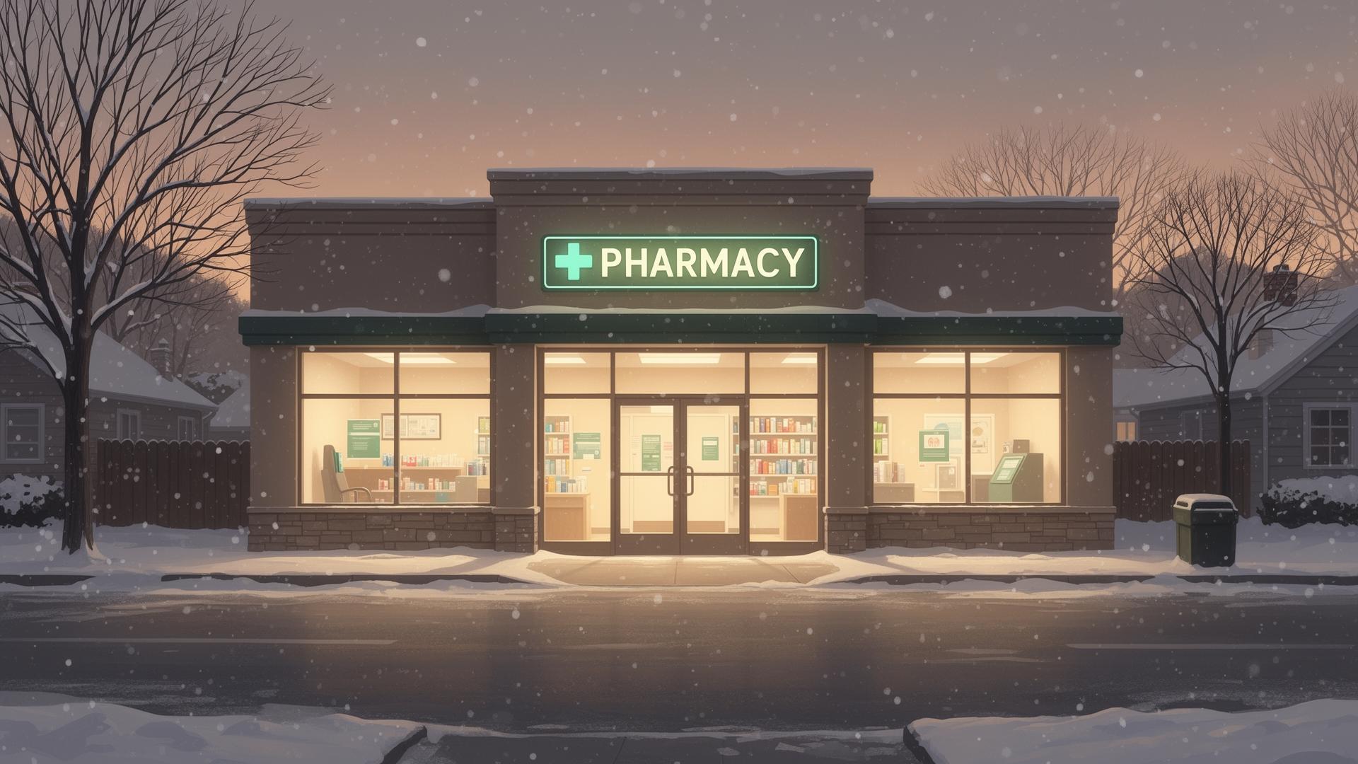 Winter pharmacy exterior at dusk with illuminated sign and light snowfall
